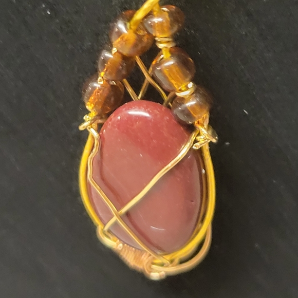 Gold Wire Wrapped with Red and Brown Stone Lotus Bud Necklace - Picture 5 of 6